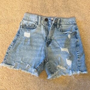 high-rise boyfriend midi distressed denim shorts